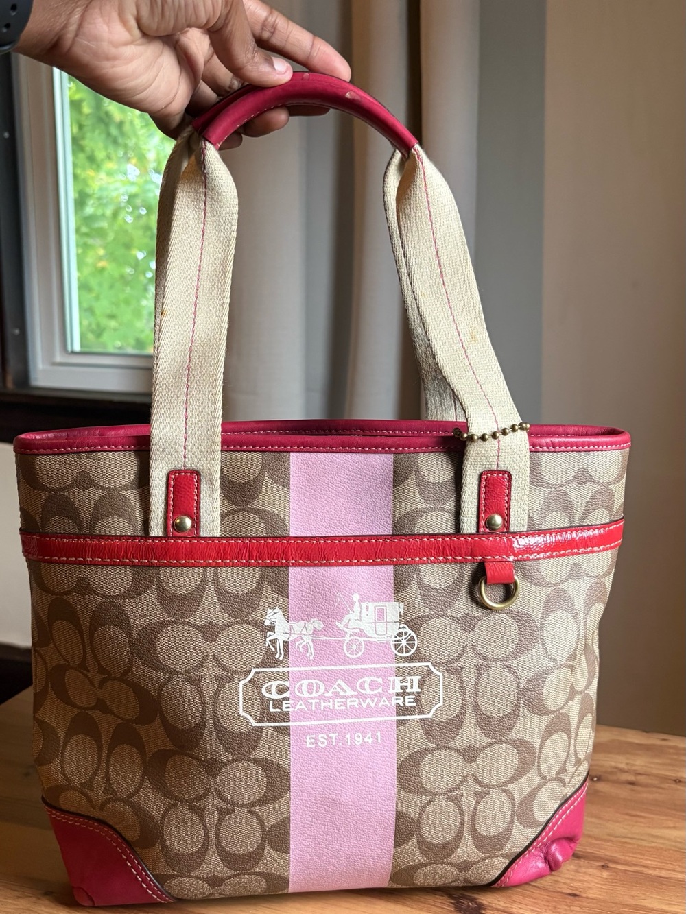 Vintage Coach Pink Heritage Stripe Signature Canvas Tote Bag 16348 Y2K